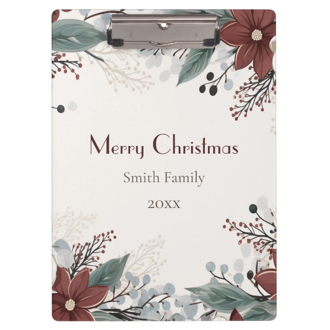 Custom Red And White Watercolour floral Christmas Clipboard (Front)