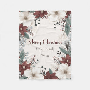 Custom Red And White Watercolour floral Christmas Fleece Blanket
