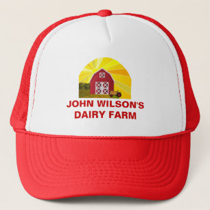 Custom Red Barn Yellow Sunrise Farm Company's Name Trucker Hat