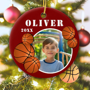 Custom Red Basketball Ball Sports Photo Ceramic Ornament