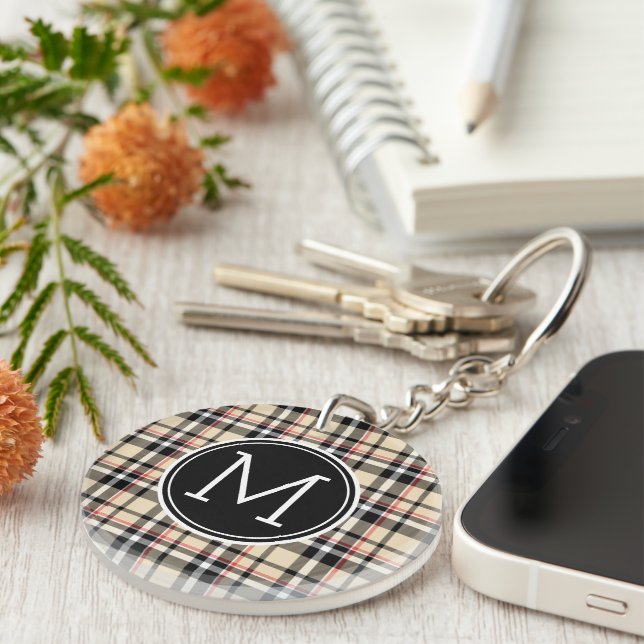 Custom Red Beige Black White Squares Plaid Pattern Key Ring (Front Right)