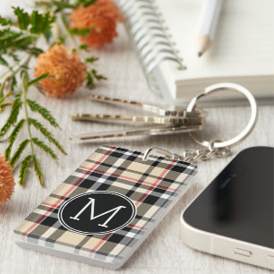 Custom Red Beige Black White Squares Plaid Pattern Key Ring