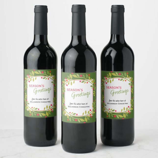 Custom Red Berries Green Holly Botanical Foliage Wine Label (Bottles)