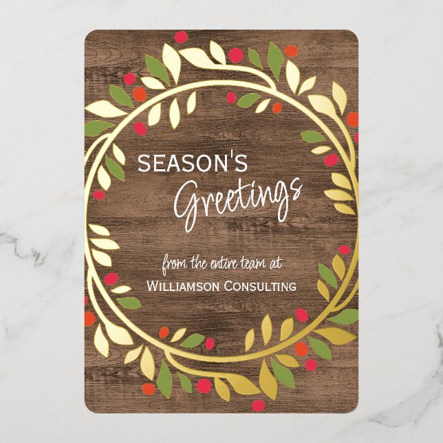 Custom Red Berries Green Holly Foliage Gold Foil Holiday Card (Front)