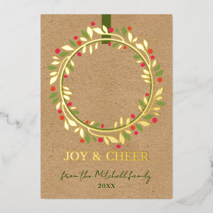 Custom Red Berries Green Leaves Wreath Gold Foil Holiday Card