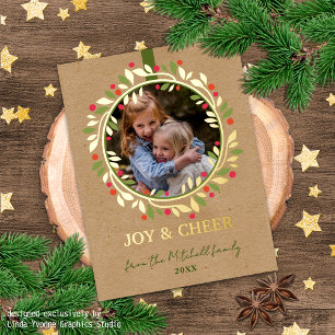 Custom Red Berries Green Leaves Wreath Gold Foil Holiday Postcard