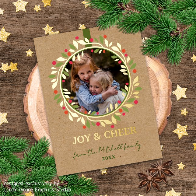 Custom Red Berries Green Leaves Wreath Gold Foil Holiday Postcard (Creator Uploaded)