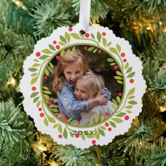 Custom Red Berries Green Leaves Wreath Tree Decoration Card