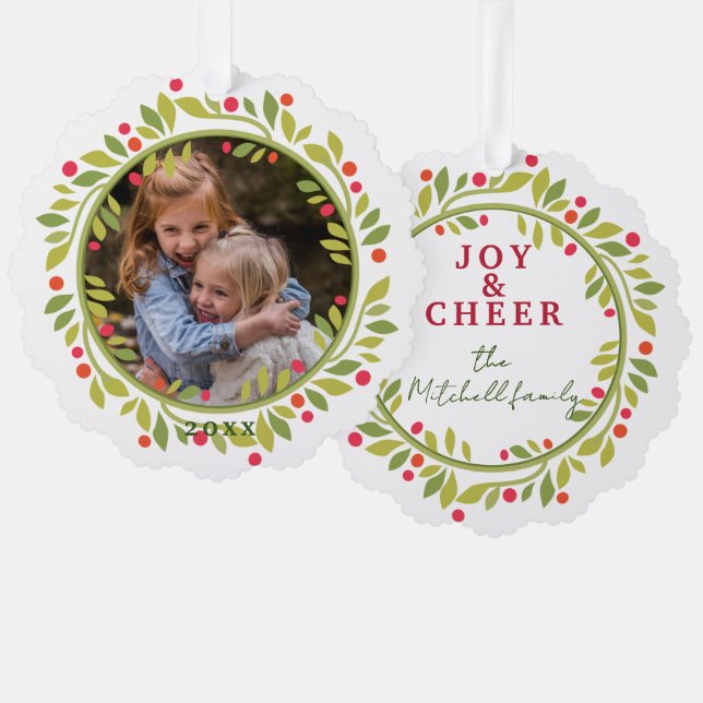 Custom Red Berries Green Leaves Wreath Tree Decoration Card (Front/Back)