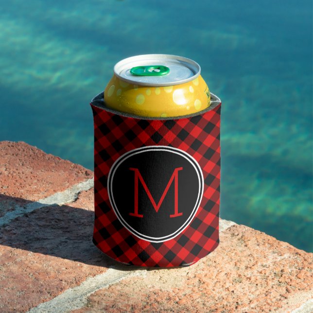 Custom Red Black Buffalo Check Plaid Pattern Can Cooler (In Situ Pool)
