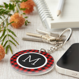 Custom Red Black Buffalo Check Plaid Pattern Key Ring