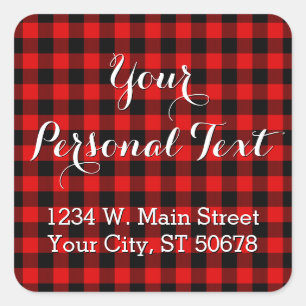 Custom Red Black Country Check Plaid Pattern Square Sticker