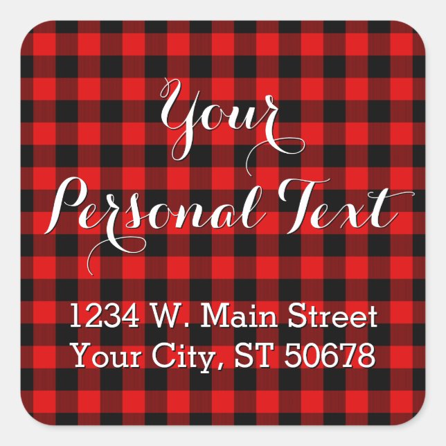 Custom Red Black Country Check Plaid Pattern Square Sticker (Front)