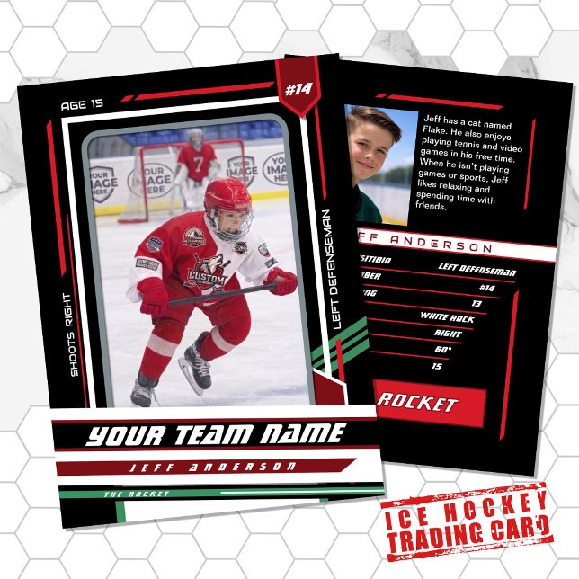 Custom Red & Black Ice Hockey Player Card (Ice Hockey Player Trading Card in White with Custom Team Name and Green and Black Elements)