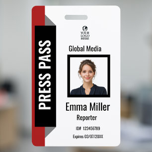 Custom Red & Black Media Pass   Press ID  Badge