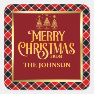 CUSTOM Red Black Plaid Gold Merry Christmas  Square Sticker
