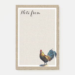 Custom Red Blue Yellow Rooster On Faux Jute Burlap Post-it Notes