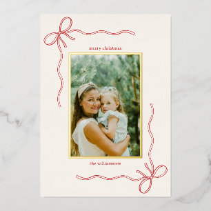 Custom Red Bow Family Christmas Photo Letter Gold Foil Holiday Card