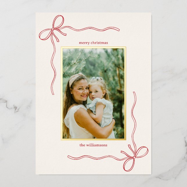 Custom Red Bow Family Christmas Photo Letter Gold Foil Holiday Card (Front)