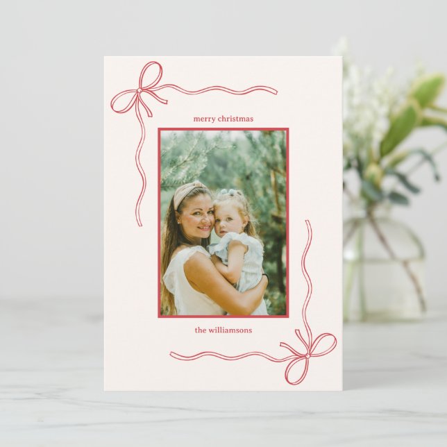 Custom Red Bow Family Christmas Photo Letter Holiday Card (Standing Front)