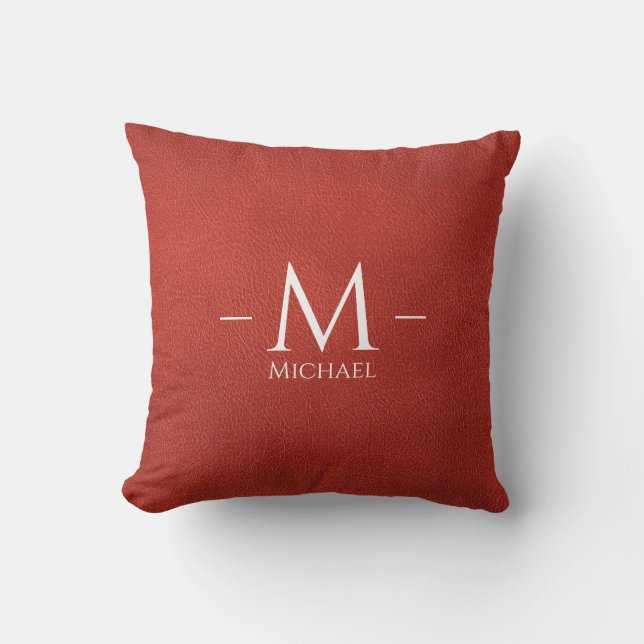 Custom Red Brown Leather Look Monogram Template Cushion (Front)