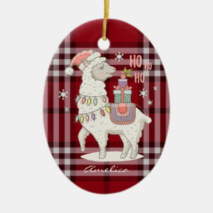 Custom Red Buffalo Check Plaid Tartan Llama Alpaca Ceramic Ornament