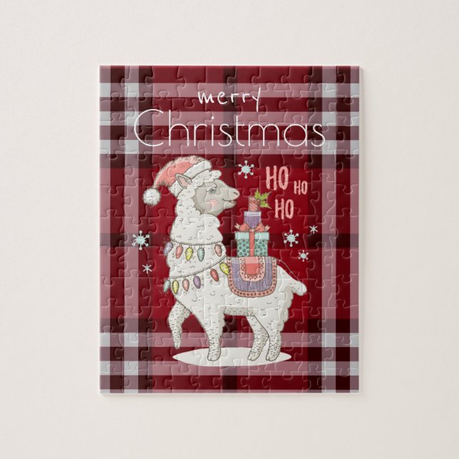 Custom Red Buffalo Check Plaid Tartan Llama Alpaca Jigsaw Puzzle (Vertical)