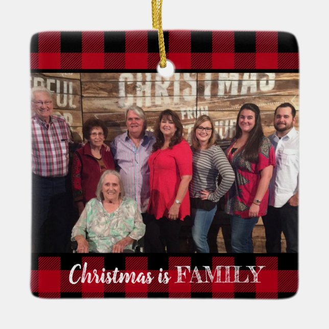 Custom Red Buffalo Plaid 2-photo Family Photo Ceramic Ornament (Front)