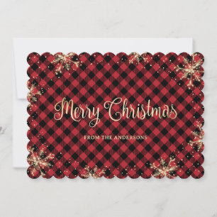 Custom Red Buffalo Plaid Gold Christmas Cards