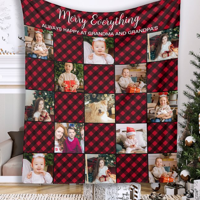 Custom Red Buffalo Plaid Patchwork Photo Collage Fleece Blanket (Creator Uploaded)