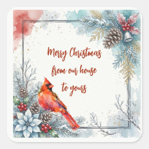Custom Red Cardinal Bird Pointsettia Winter Berry Square Sticker