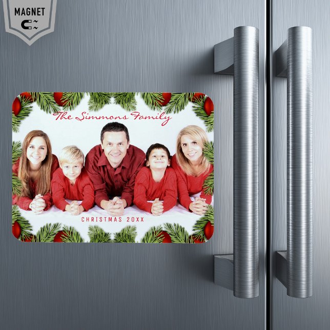 Custom Red Christmas Family Photo and Name Magnet (Creator Uploaded)