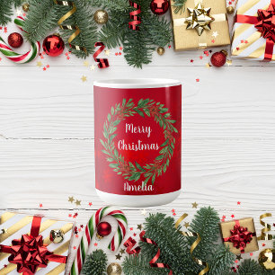Custom Red Christmas Stocking and Greenery Wreath Coffee Mug