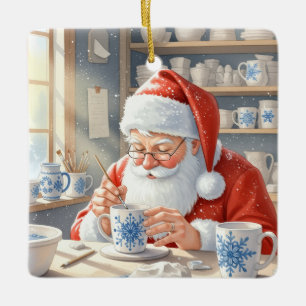 Custom Red Christmas Watercolor Santa Workshop Ceramic Ornament