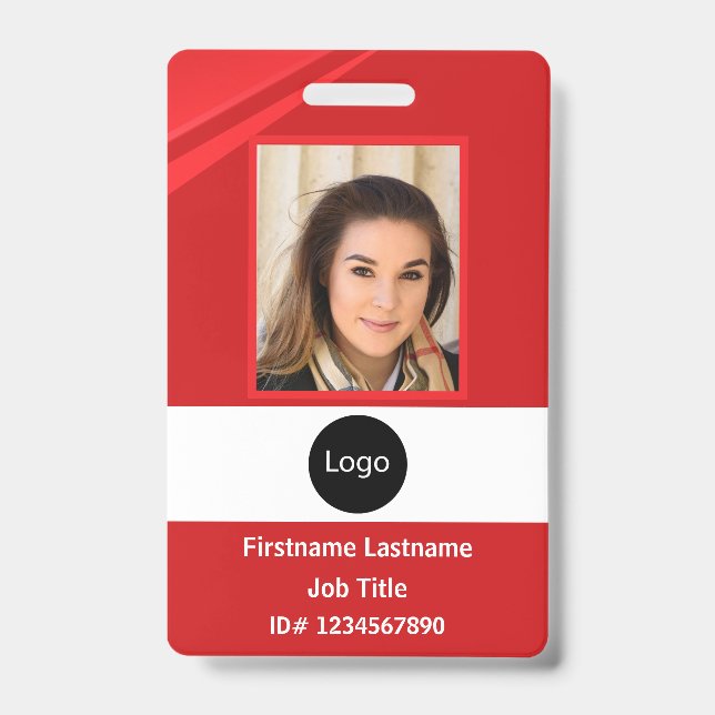 custom Red company employee Photo, Logo, Bar Code ID Badge (Front)