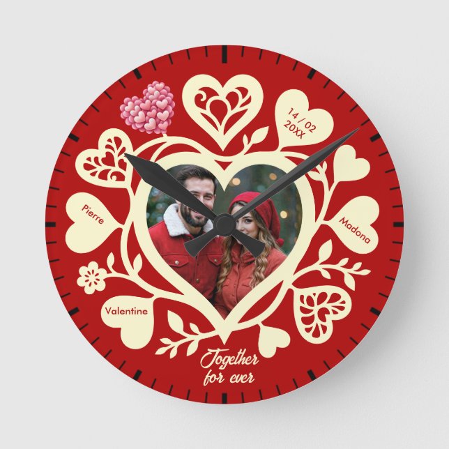 Custom Red Cream Photo Heart Clock (Front)