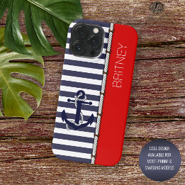 Custom Red Dark Blue White Anchor Striped Pattern iPhone 15 Pro Max Case