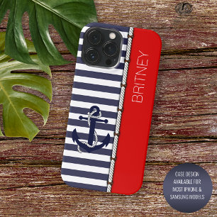 Custom Red Dark Blue White Anchor Striped Pattern iPhone 16 Pro Max Case