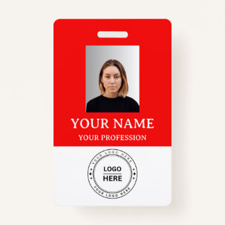 Custom red Employee Badge with Photo, Logo, QR ID Badge