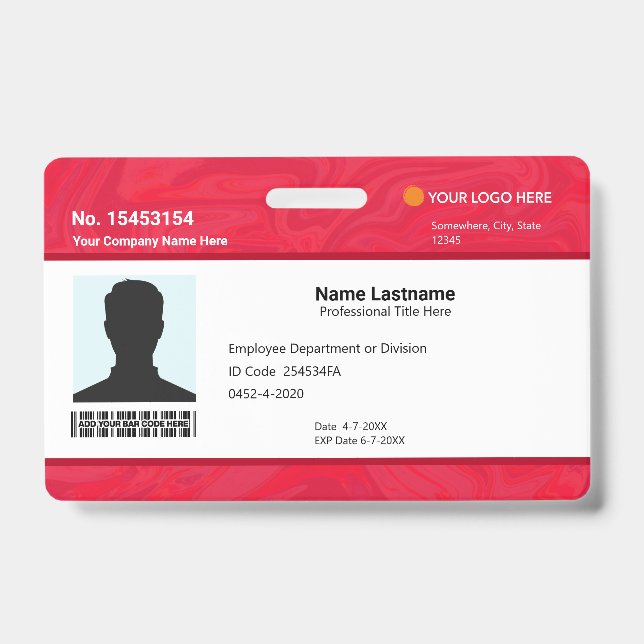 Custom Red Employee ID Identification Photo Bar Badge (Front)