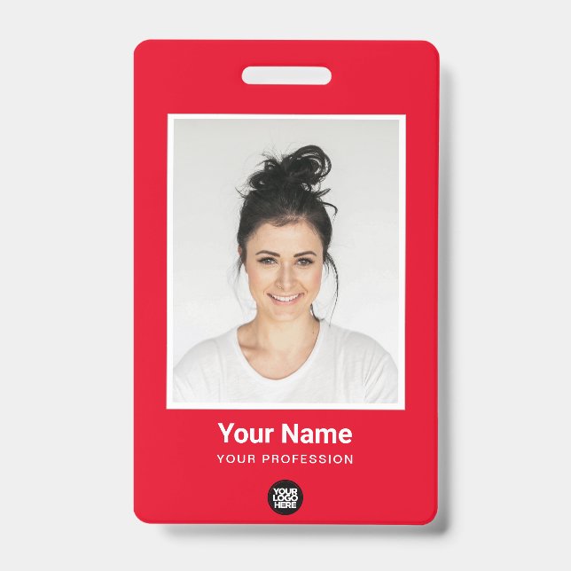 Custom Red Employee Large Photo, BarCode, Name ID Badge (Front)