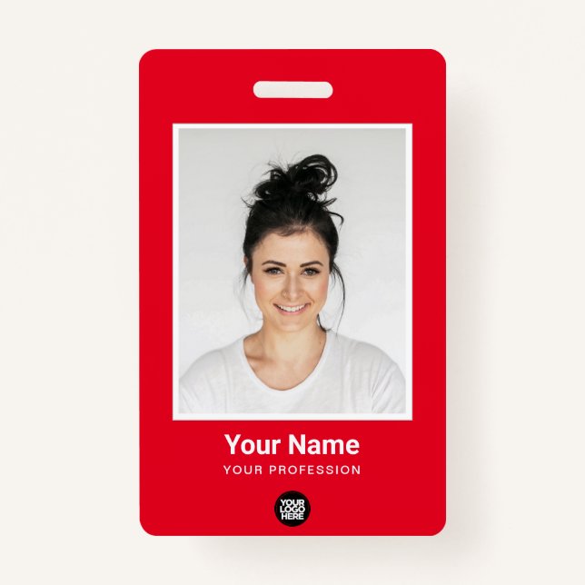 Custom Red Employee Large Photo, BarCode, Name ID Badge (Front)