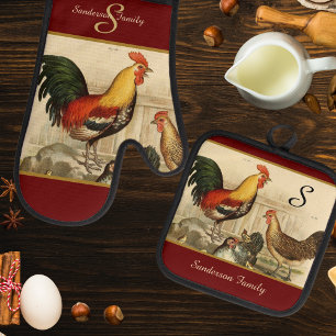 Custom Red Farmhouse Vintage Rooster monogram Oven Mitt & Pot Holder Set