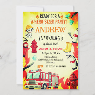 Custom Red Fire Truck Birthday Party Invitations