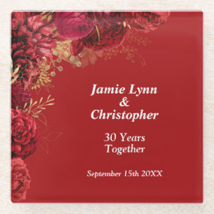 Custom Red Floral Wedding Anniversary Glass Coaster