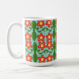 Custom Red Folk Art Flower & Leaf Pattern Coffee Mug