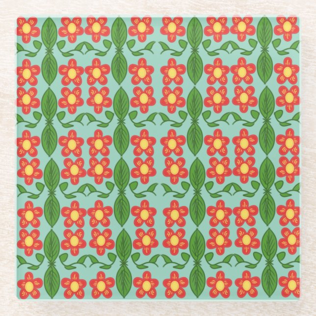 Custom Red Folk Art Flower & Leaf Pattern Glass Coaster (Front)