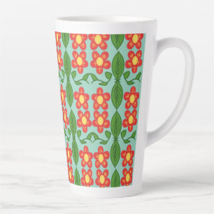 Custom Red Folk Art Flower & Leaf Pattern Latte Mug