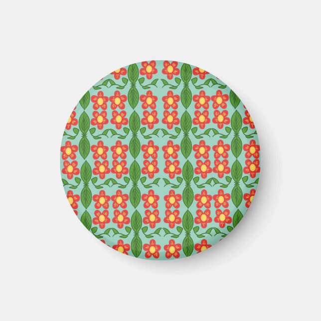 Custom Red Folk Art Flower & Leaf Pattern Magnet (Front)