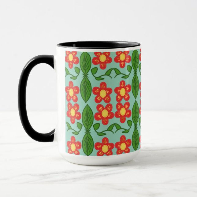 Custom Red Folk Art Flower & Leaf Pattern Mug (Left)